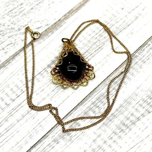 Vintage CACO Pendant Necklace 1/20th Gold Fill Black Onyx 18 Inch Length - Picture 4 of 5
